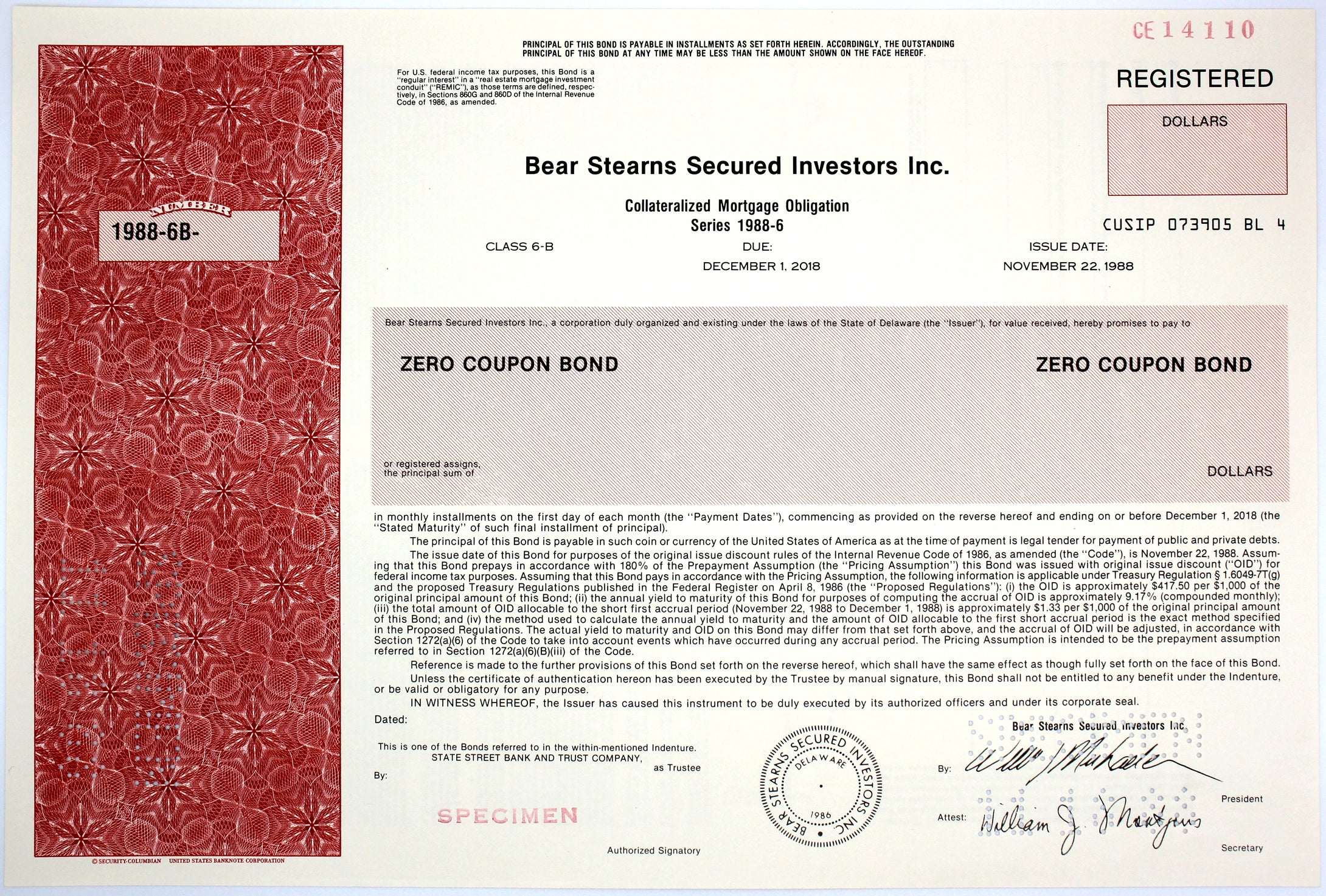 Bear Stearns Secured Investors Inc. Mortgage Obligation Specimen Certificate - 1988 - Wall Street Treasures