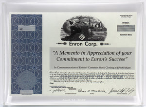 Enron Lucite Miniature Stock Certificate Award - 1998