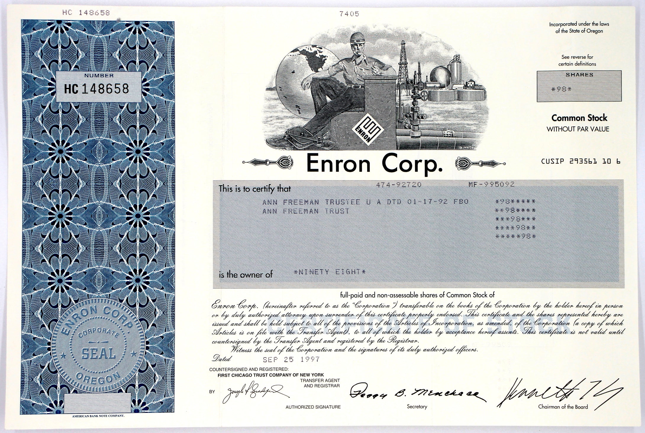 Enron Corp. Common Stock Certificate with Ken Lay's printed signature - Wall Street Treasures