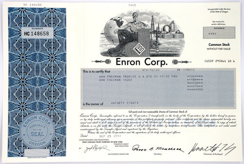 Enron Corp. Common Stock Certificate with Ken Lay's printed signature - Wall Street Treasures