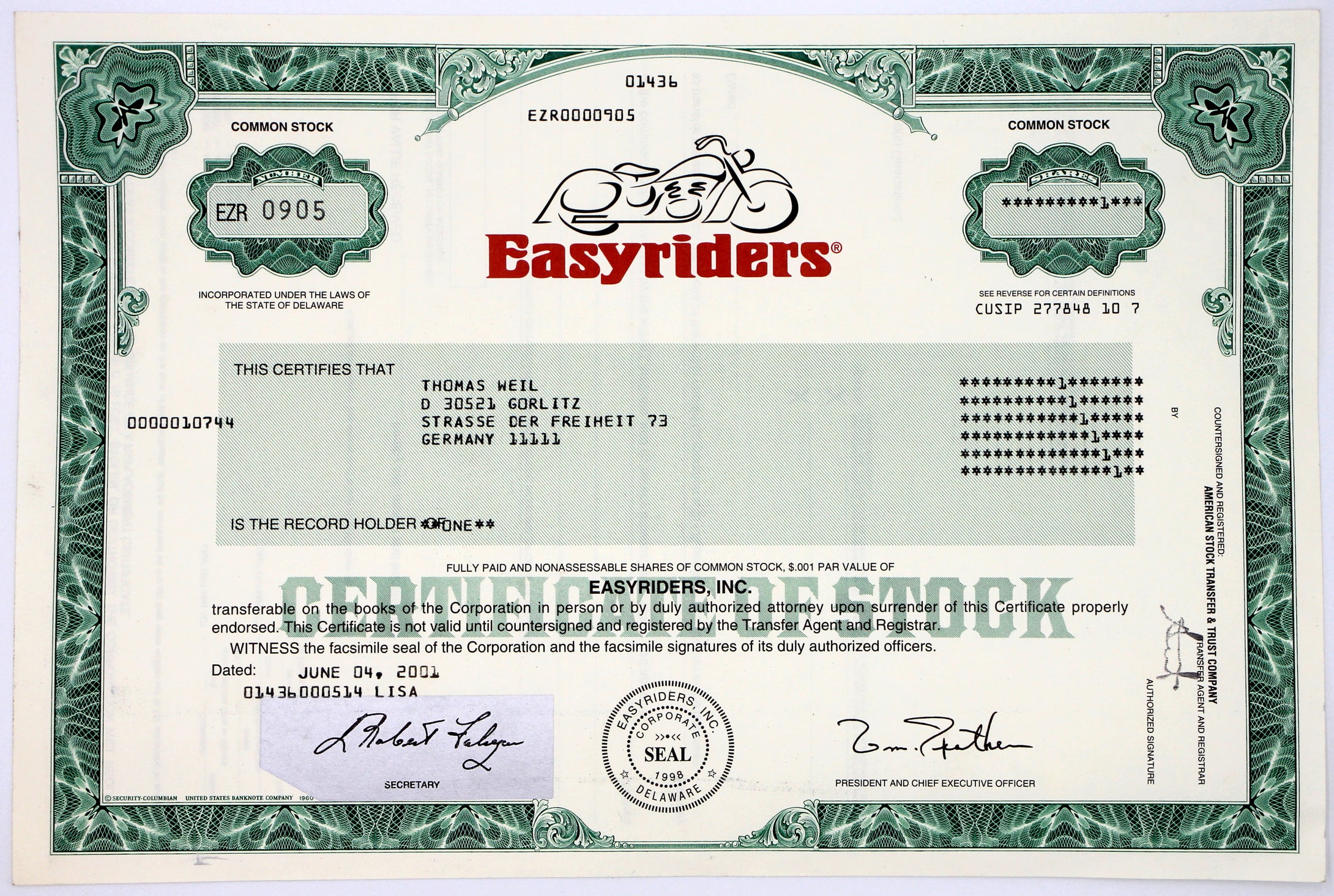 Easyriders, Inc. Stock Certificate - 2001