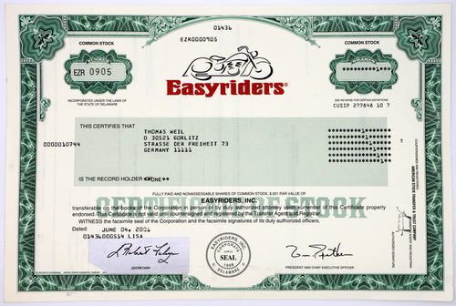 Easyriders, Inc. Stock Certificate - 2001