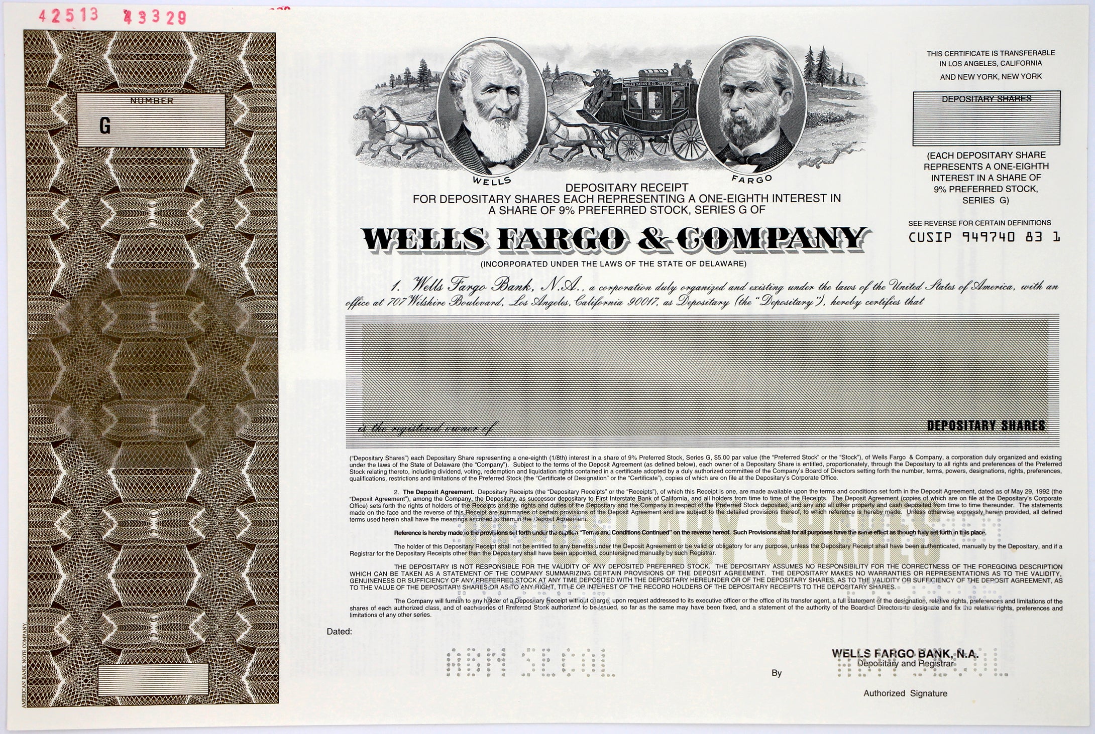 Wells Fargo & Company Specimen Certificate - 1996 - Wall Street Treasures