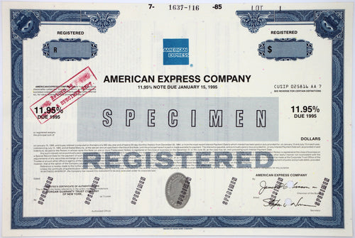 American Express Company Registered Specimen Bond Certificate - 1985 - Wall Street Treasures