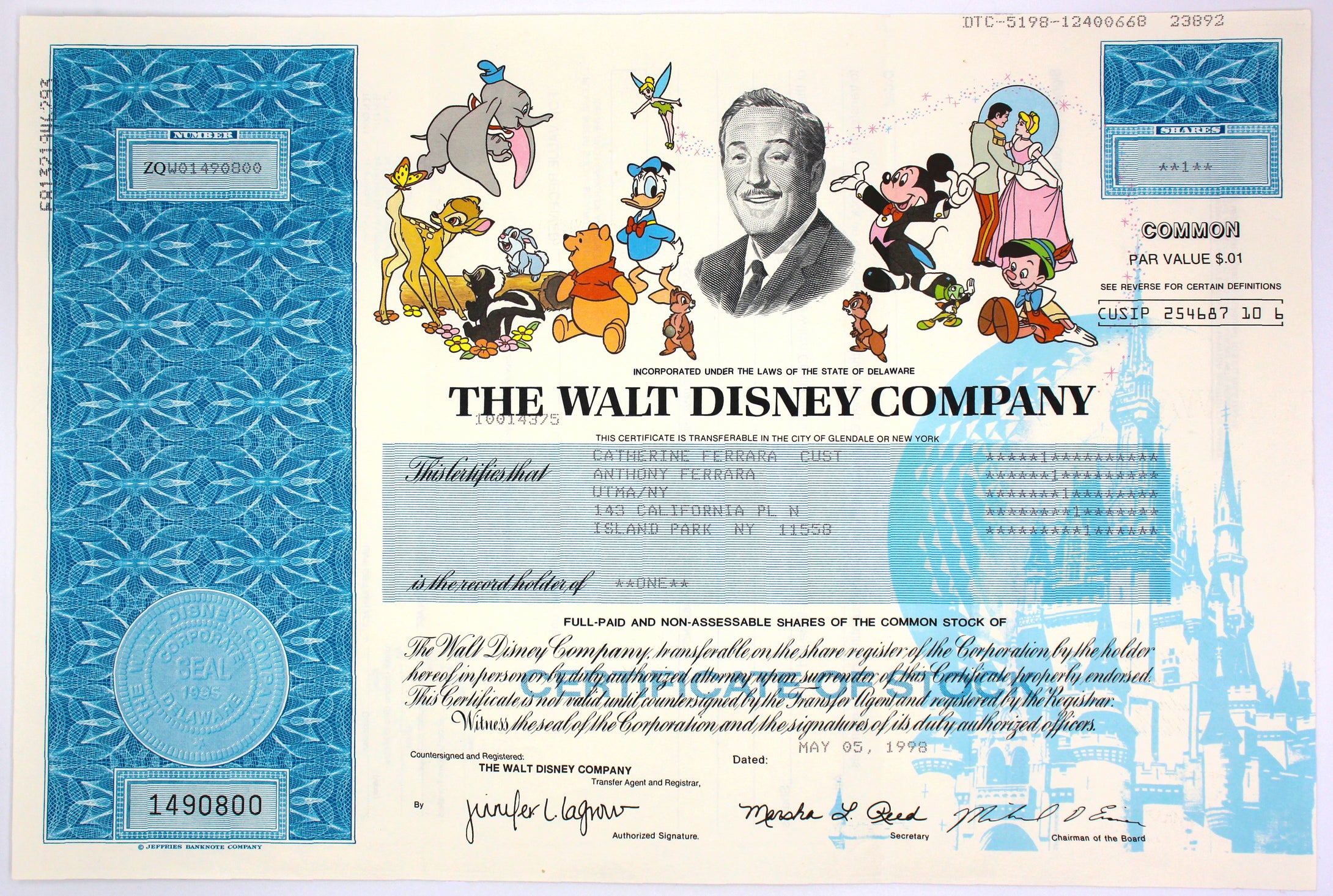 Walt Disney Company Stock Certificate - 1998 - Wall Street Treasures