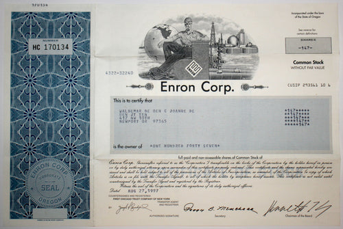 Enron Corp. Common Stock Certificate with Ken Lay's printed signature - Wall Street Treasures