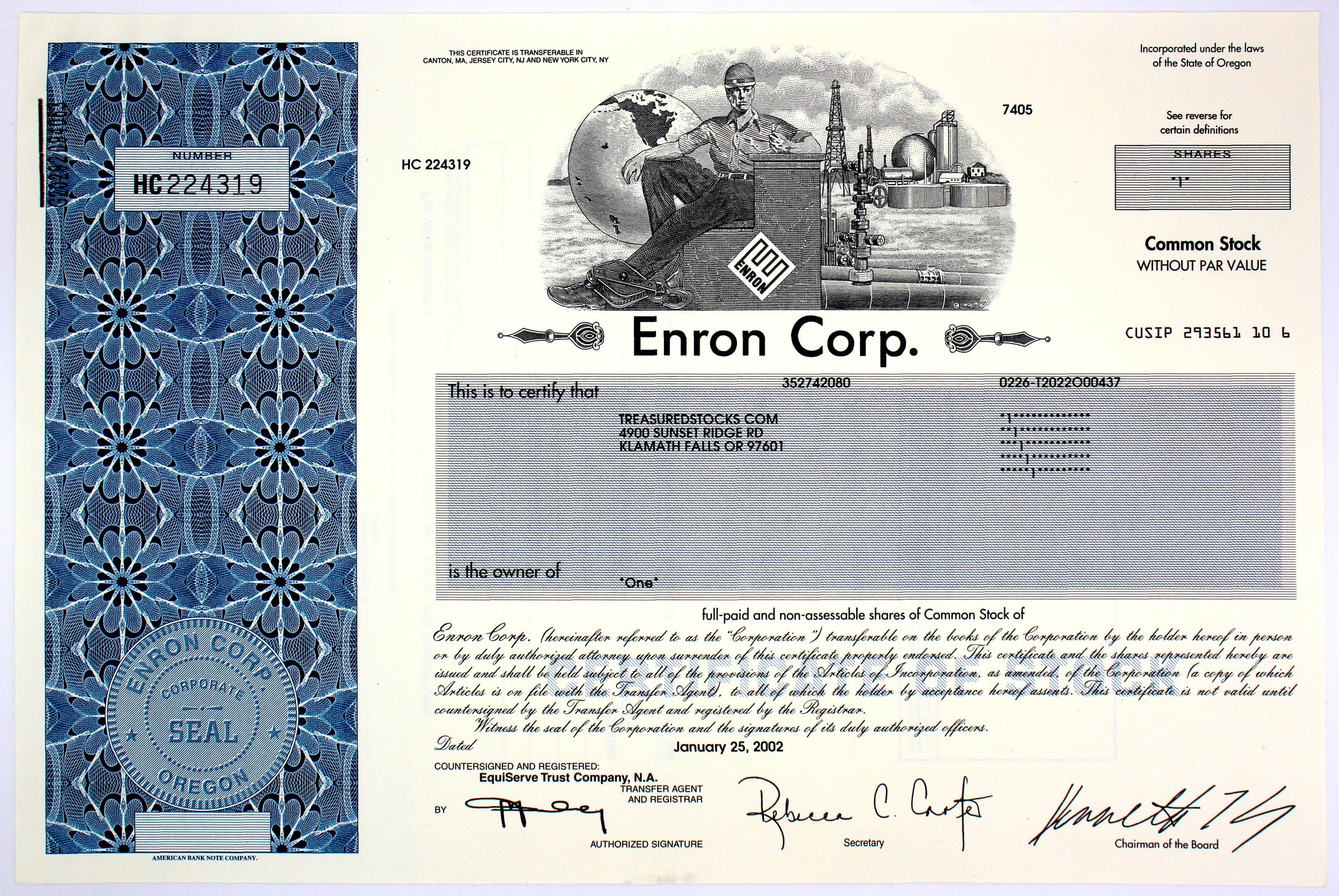 Enron Corp. Common Stock Certificate with Ken Lay's printed signature