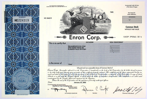 Enron Corp. Common Stock Certificate with Ken Lay's printed signature