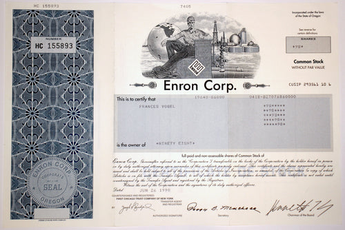 Enron Corp. Common Stock Certificate with Ken Lay's printed signature