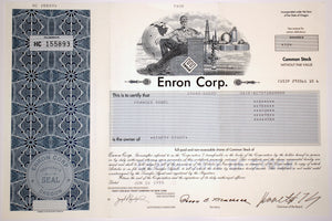 Enron Corp. Common Stock Certificate with Ken Lay's printed signature