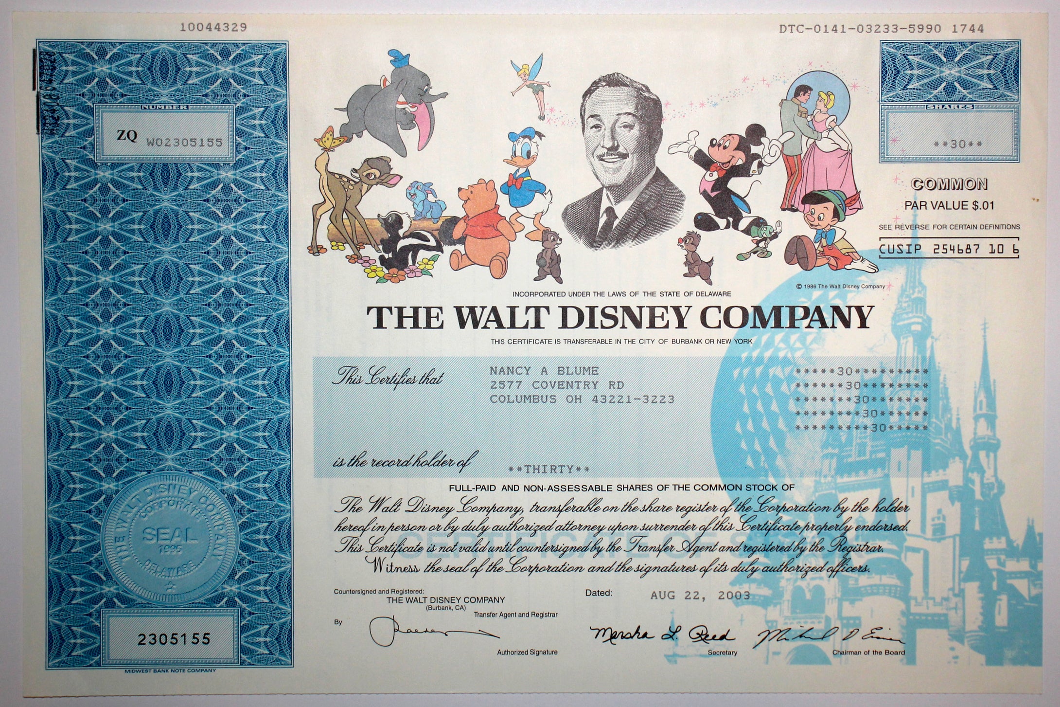 Walt Disney Company Stock Certificate - 2003 - Wall Street Treasures