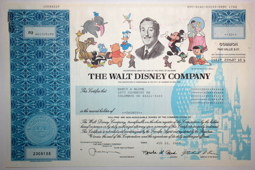 Walt Disney Company Stock Certificate - 2003 - Wall Street Treasures