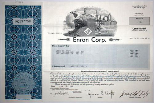 Enron Corp. Common Stock Certificate with Ken Lay's printed signature - Wall Street Treasures