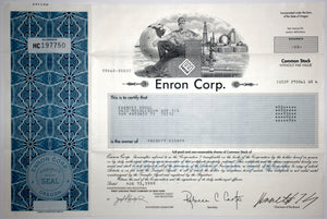 Enron Corp. Common Stock Certificate with Ken Lay's printed signature - Wall Street Treasures