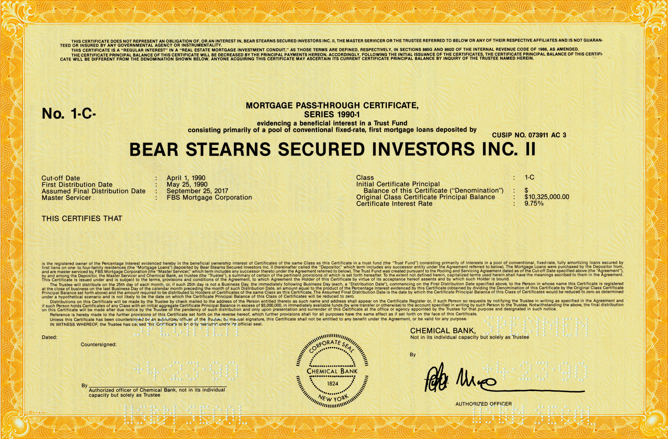 Bear Stearns Secured Investors Inc. II Specimen Certificate - 1990 - Wall Street Treasures