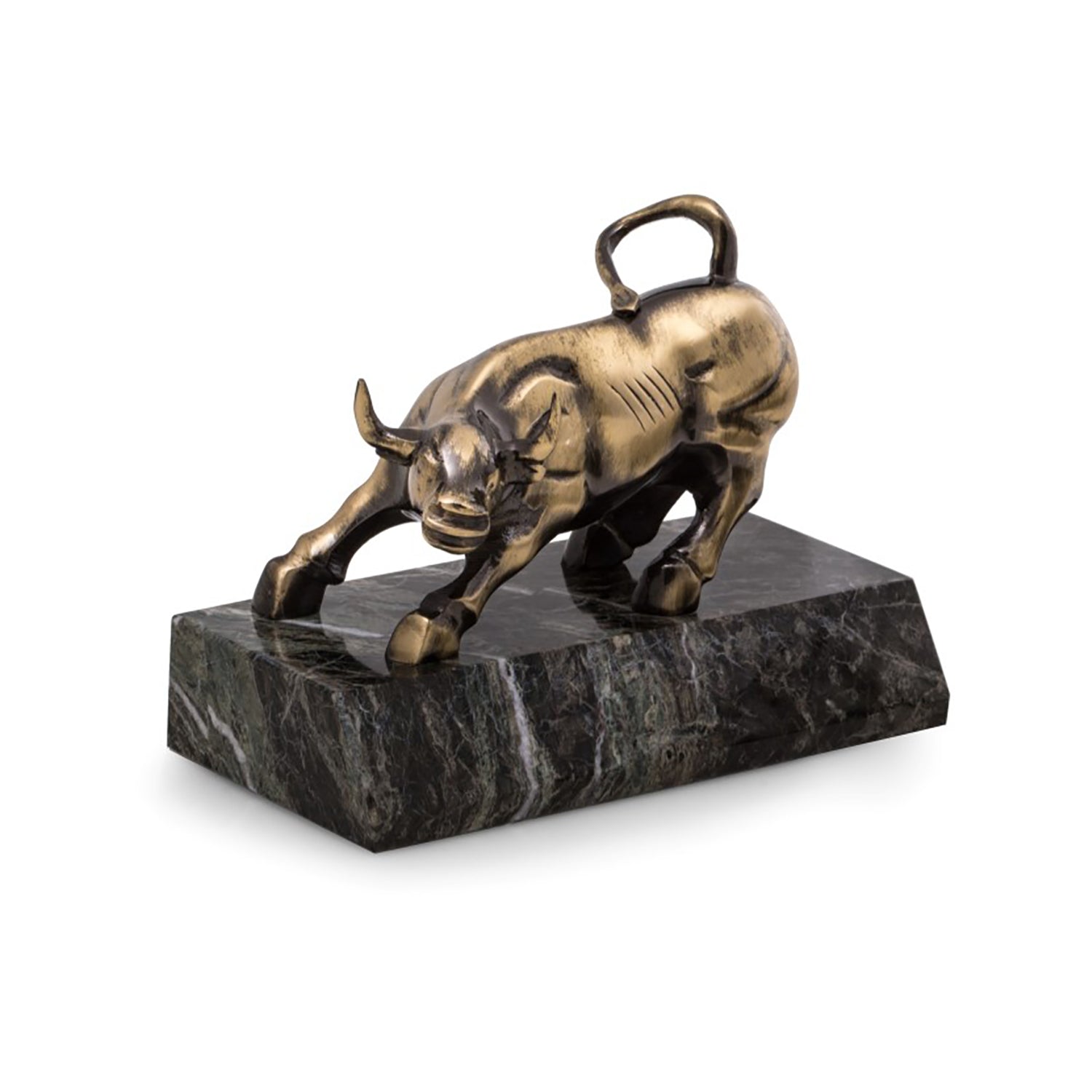 Wall Street Bull - Antique Brass with Marble Base - Wall Street Treasures