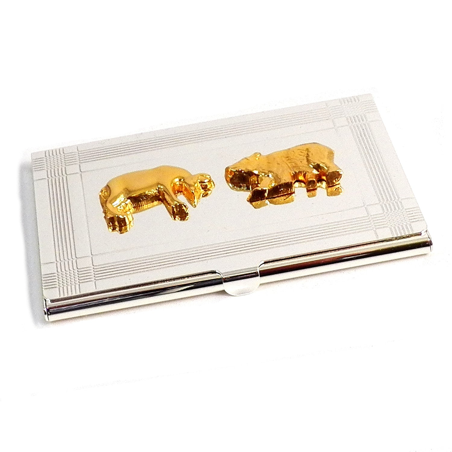 Wall Street Bull and Bear Business Card Holder - Silver Plated