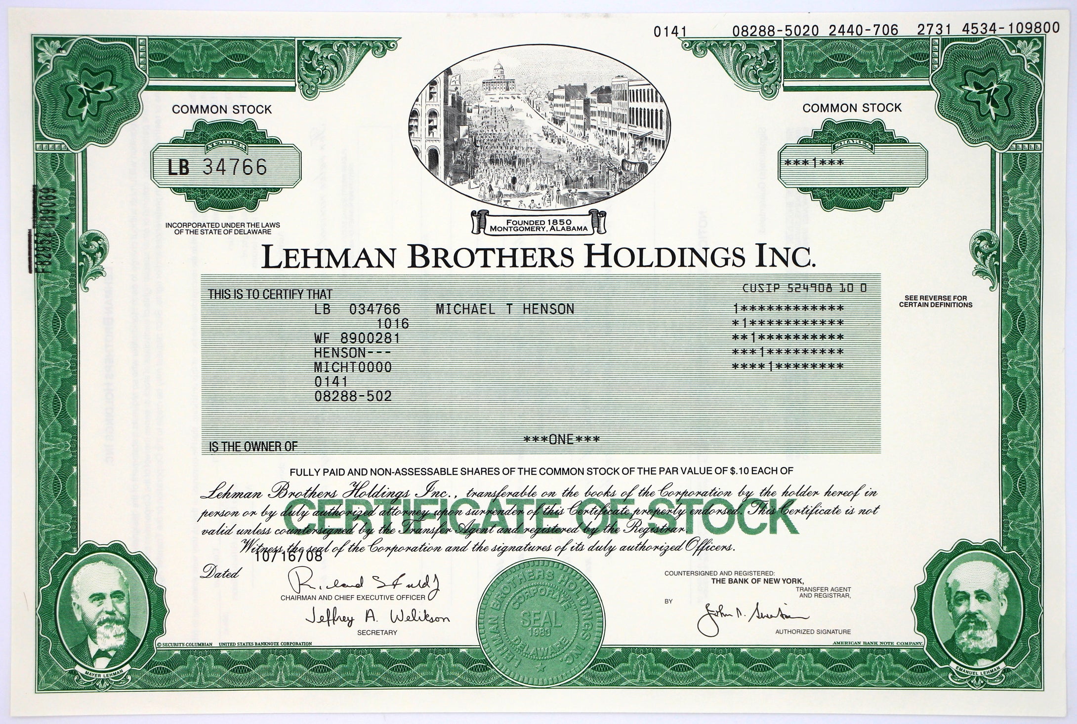 Lehman Brothers Holdings Inc. Stock Certificate - 2008 - Wall Street Treasures