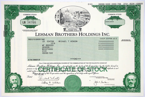 Lehman Brothers Holdings Inc. Stock Certificate - 2008 - Wall Street Treasures