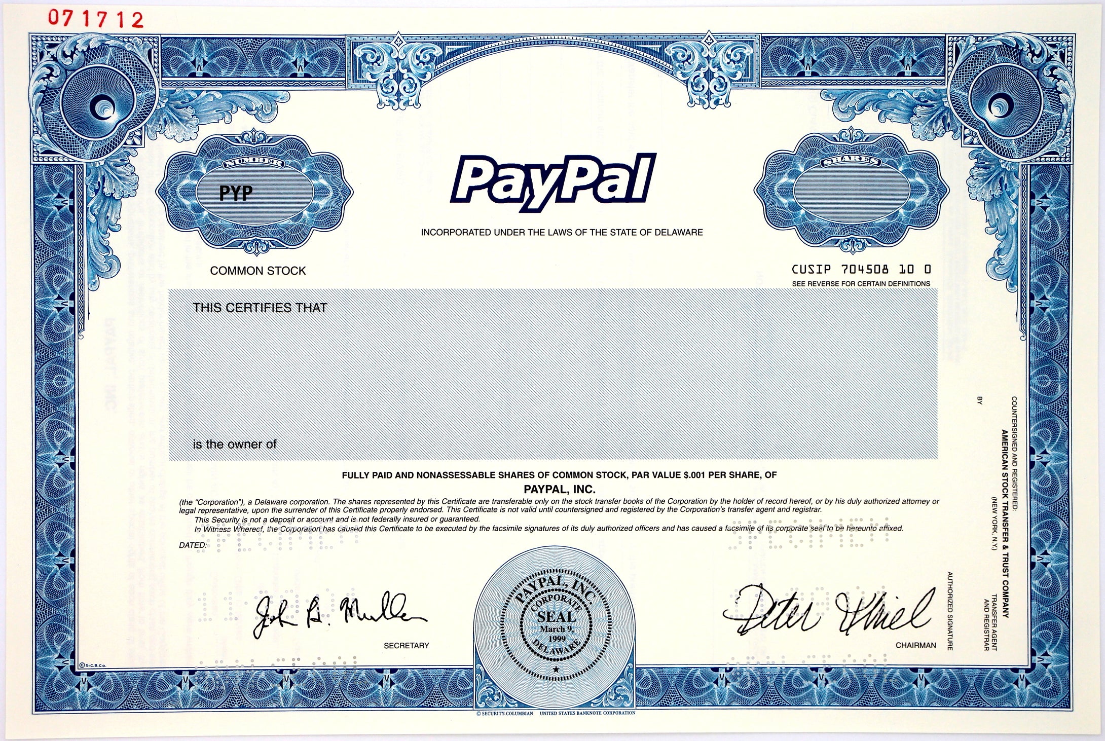 PayPal Specimen Stock Certificate - 2001 - Wall Street Treasures
