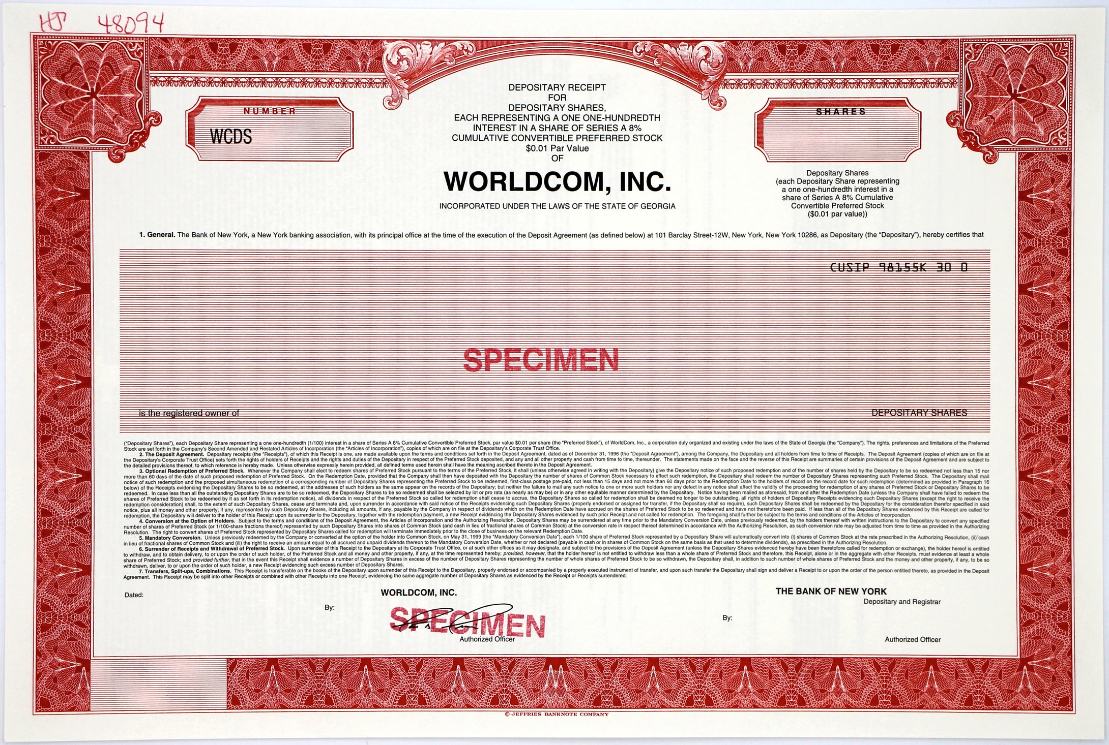 WorldCom, Inc.  Stock Certificate - 1996 - Wall Street Treasures