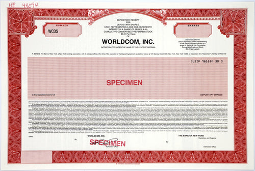 WorldCom, Inc.  Stock Certificate - 1996 - Wall Street Treasures