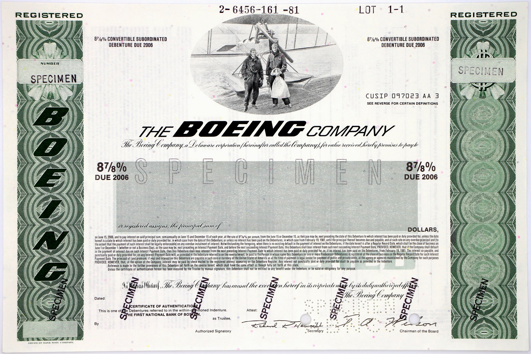 The Boeing Company Registered Specimen Bond Certificate - 1981 - Wall Street Treasures