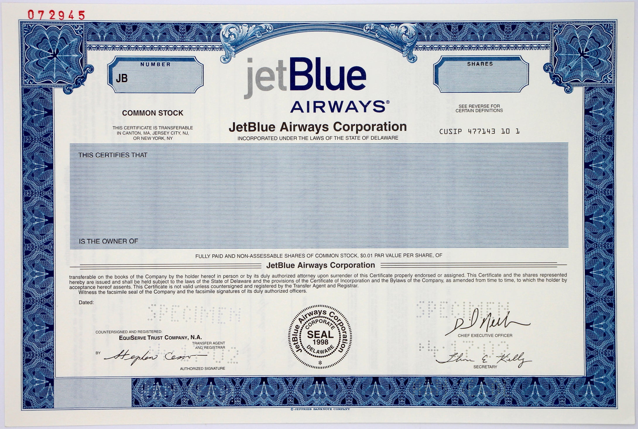 JetBlue Airways Corporation Specimen Stock Certificate - 2002 - Wall Street Treasures