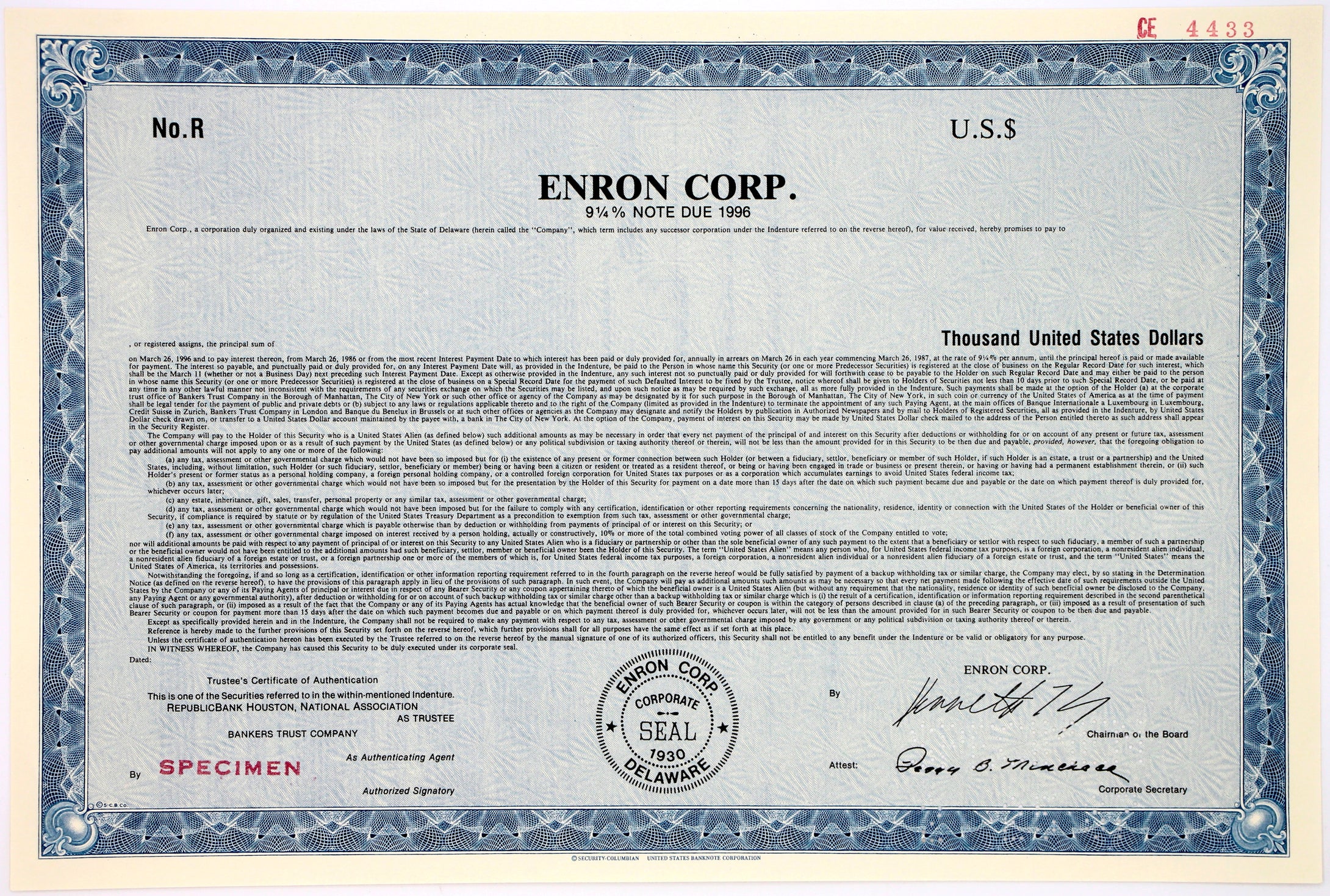 Enron Corp. Specimen Bond Certificate - 1986 - With Kenneth Lay's Printed Signature - Wall Street Treasures
