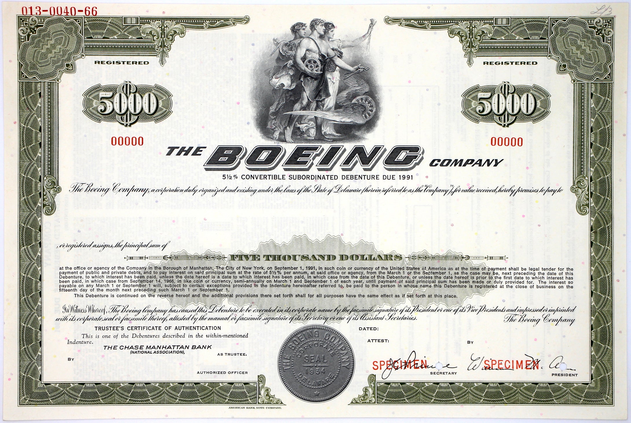 The Boeing Company Registered Specimen Bond Certificate - 1966 - Wall Street Treasures