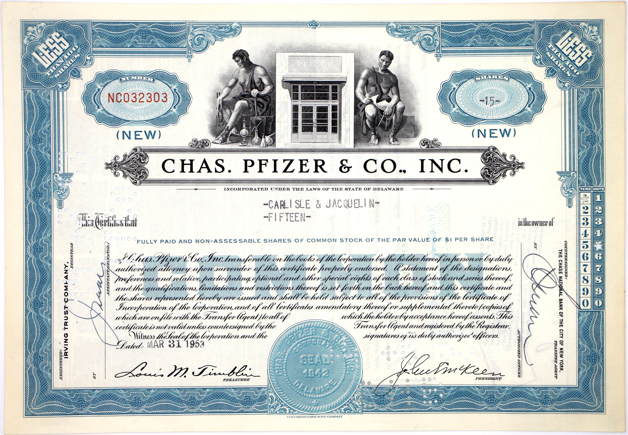 Chas. Pfizer & Co., Inc. Stock Certificate - 1950s - Wall Street Treasures