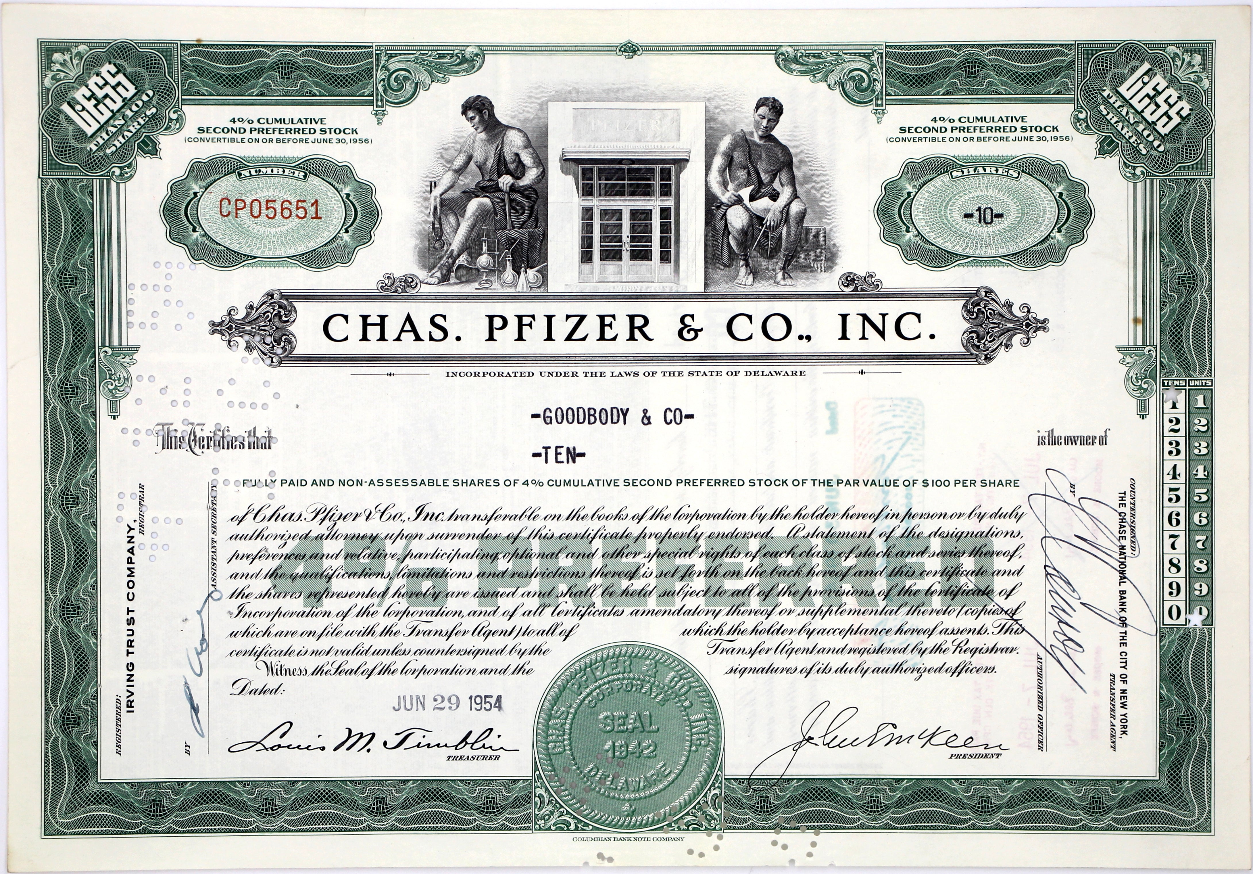 Chas. Pfizer & Co., Inc. Stock Certificate - 1950s | For Sale – Wall Street  Treasures, LLC