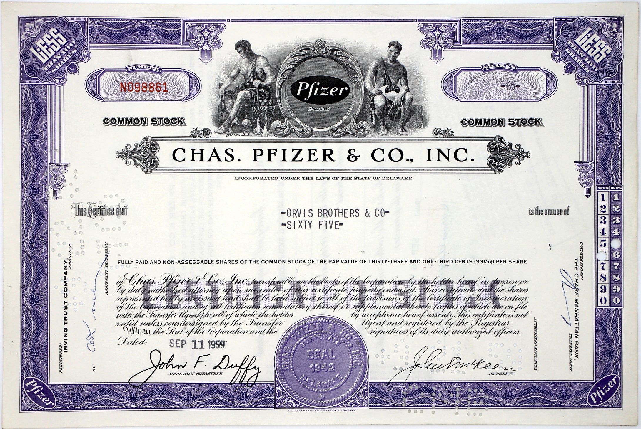 Chas. Pfizer & Co., Inc. Stock Certificate - 1950s-60s - Wall Street Treasures