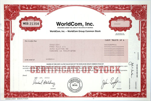 WorldCom, Inc. Common Stock Certificate - 2002 - Wall Street Treasures