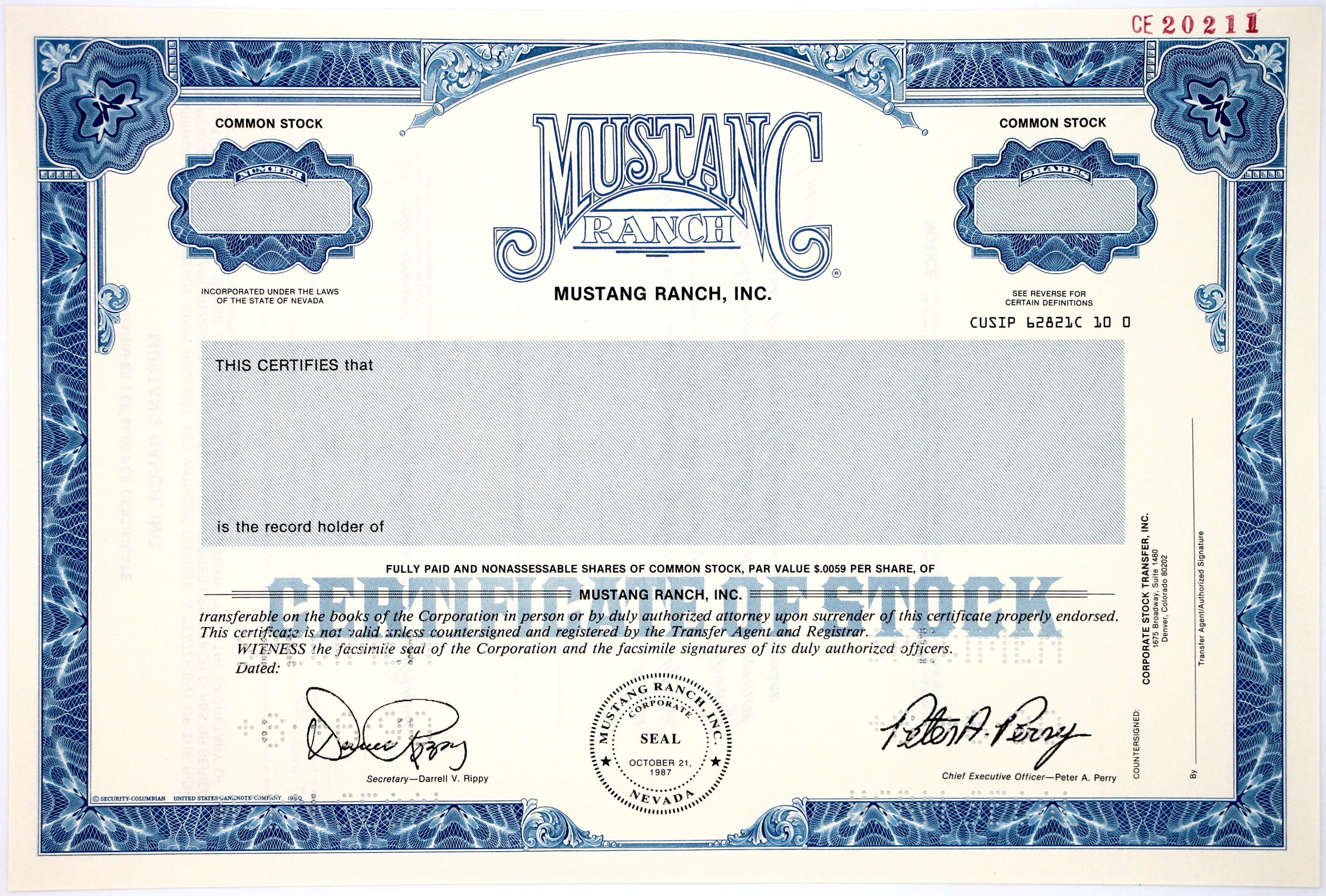 Mustang Ranch, Inc. Specimen Stock Certificate - 1990 - Wall Street Treasures