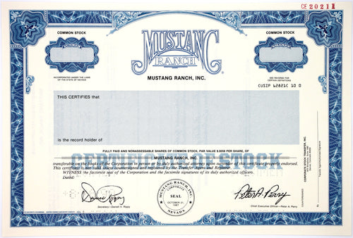 Mustang Ranch, Inc. Specimen Stock Certificate - 1990 - Wall Street Treasures