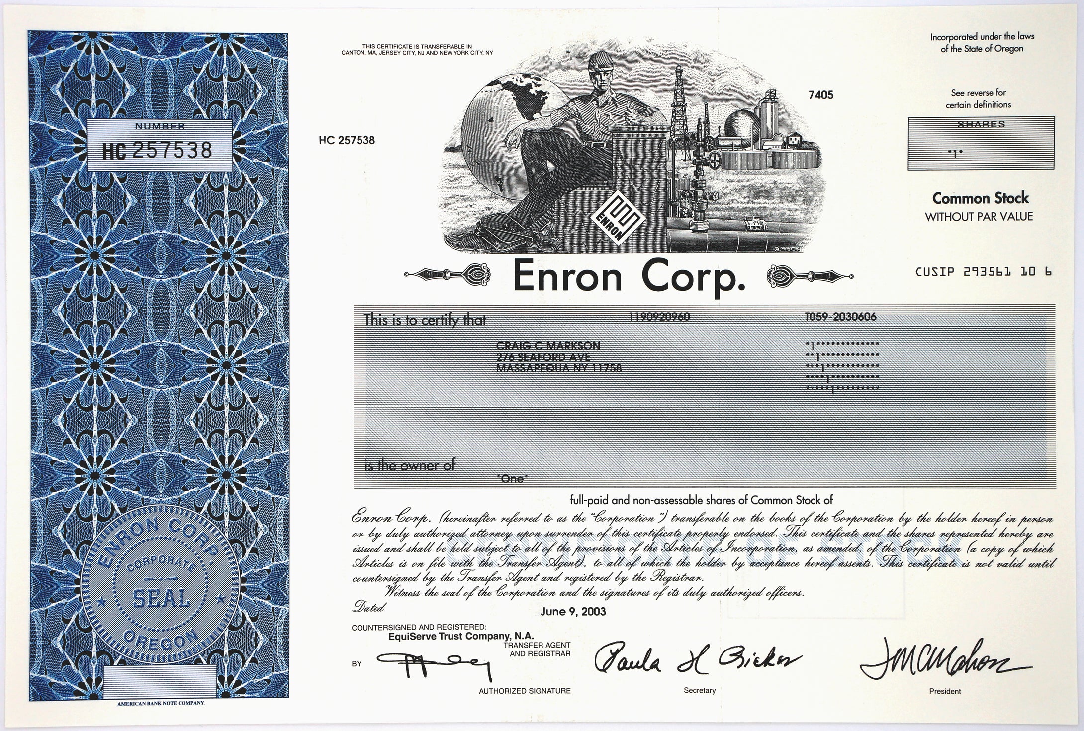 Enron Corp. Stock Certificate - 2003 - Wall Street Treasures