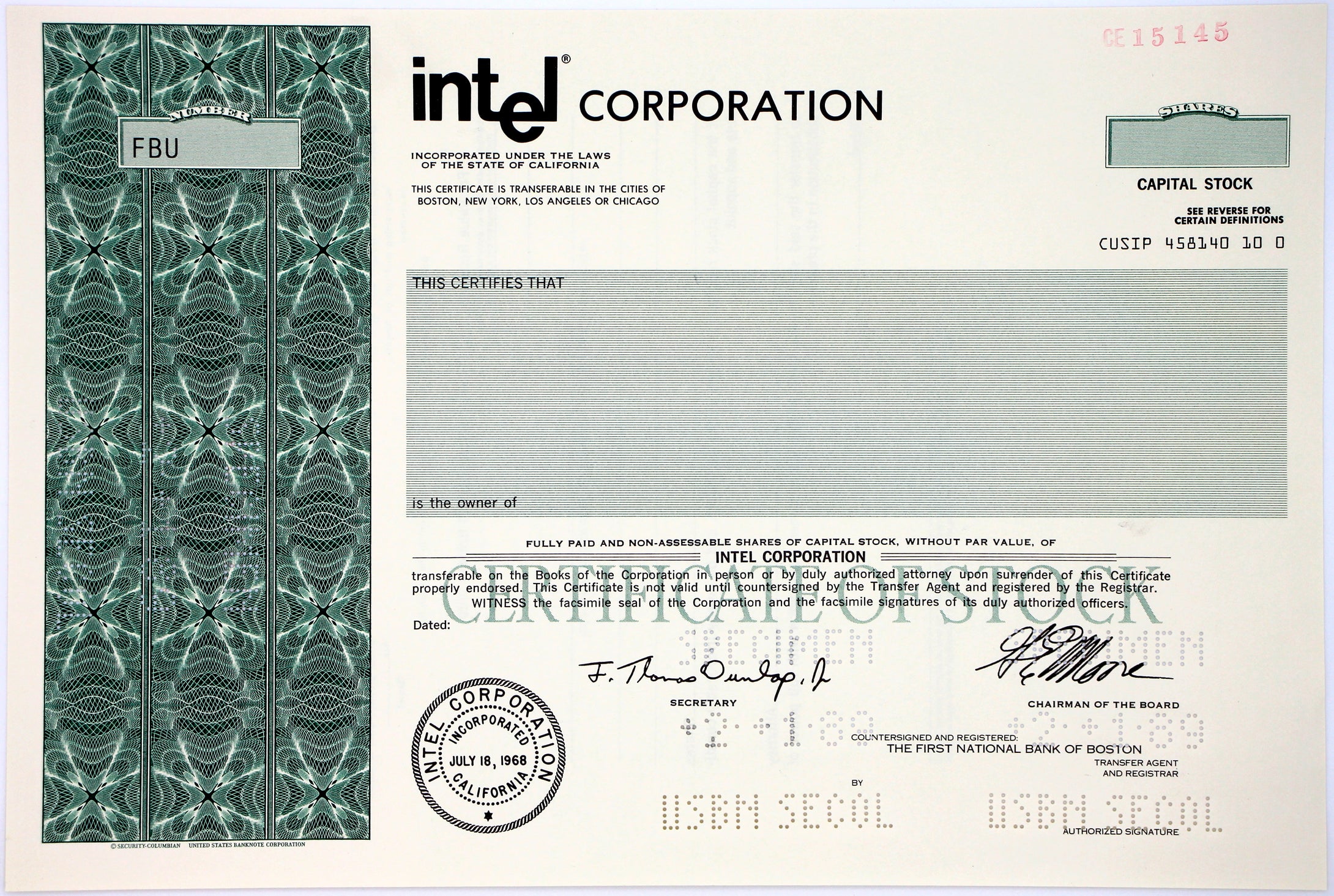 Intel Corporation Specimen Stock Certificate - 1989 - Wall Street Treasures