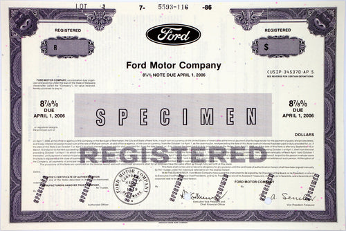 Ford Motor Company Registered Specimen Bond Certificate - 1986 - Wall Street Treasures