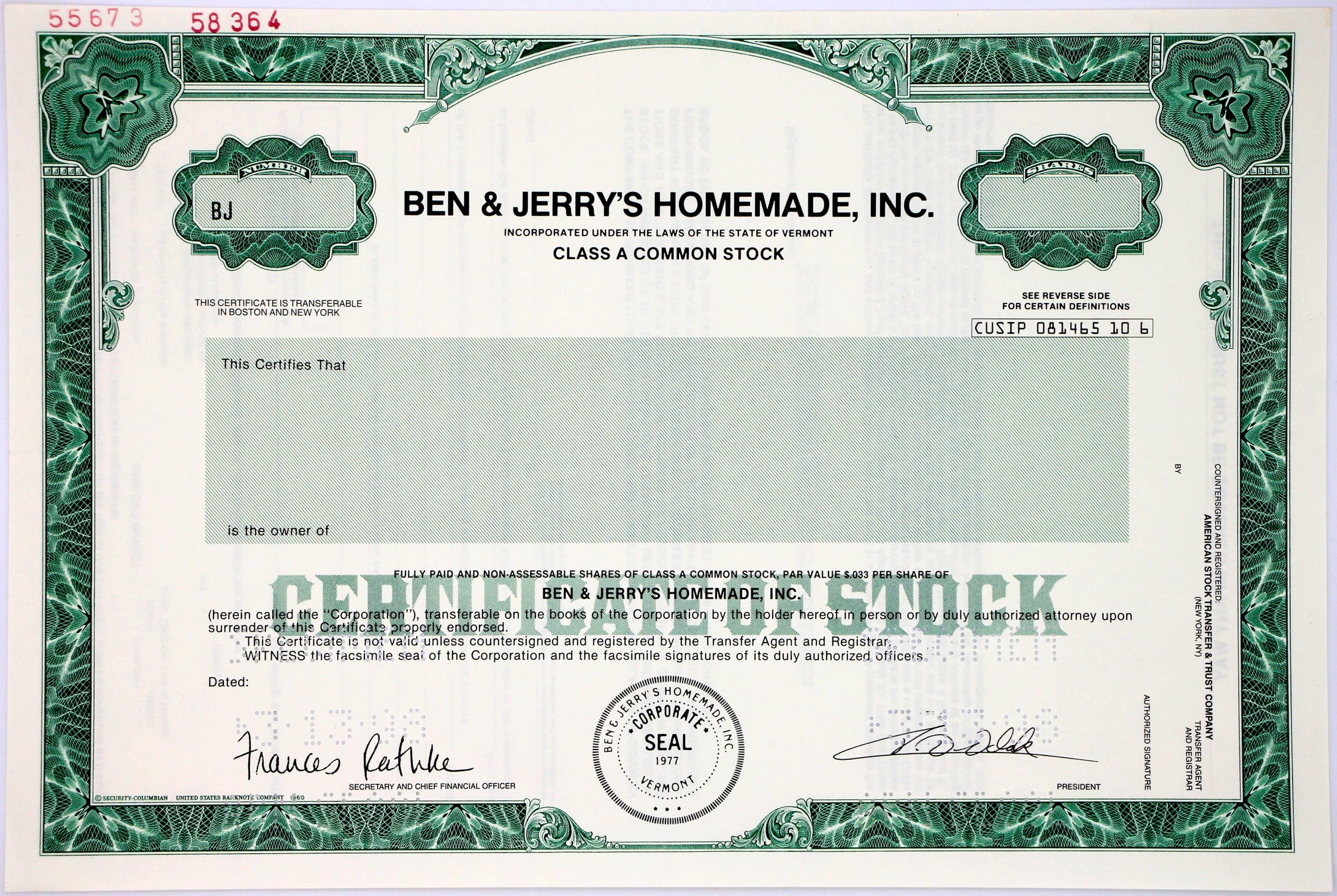 Ben & Jerry's Homeade, Inc. Specimen Stock Certificate - 1998 - Wall Street Treasures