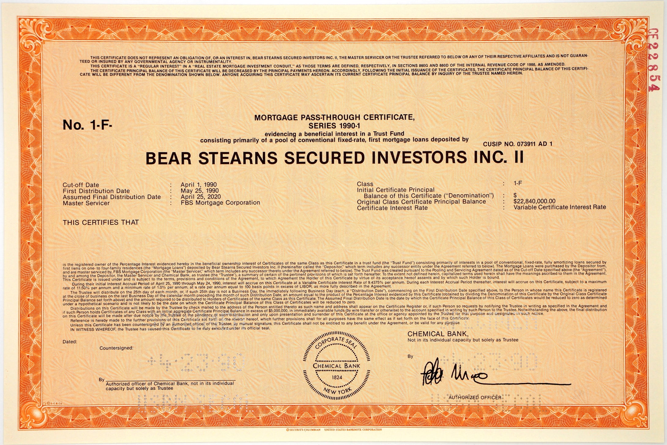 Bear Stearns Secured Investors Inc. II Specimen Certificate - 1990 - Orange - Wall Street Treasures