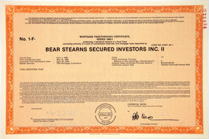 Bear Stearns Secured Investors Inc. II Specimen Certificate - 1990 - Orange - Wall Street Treasures