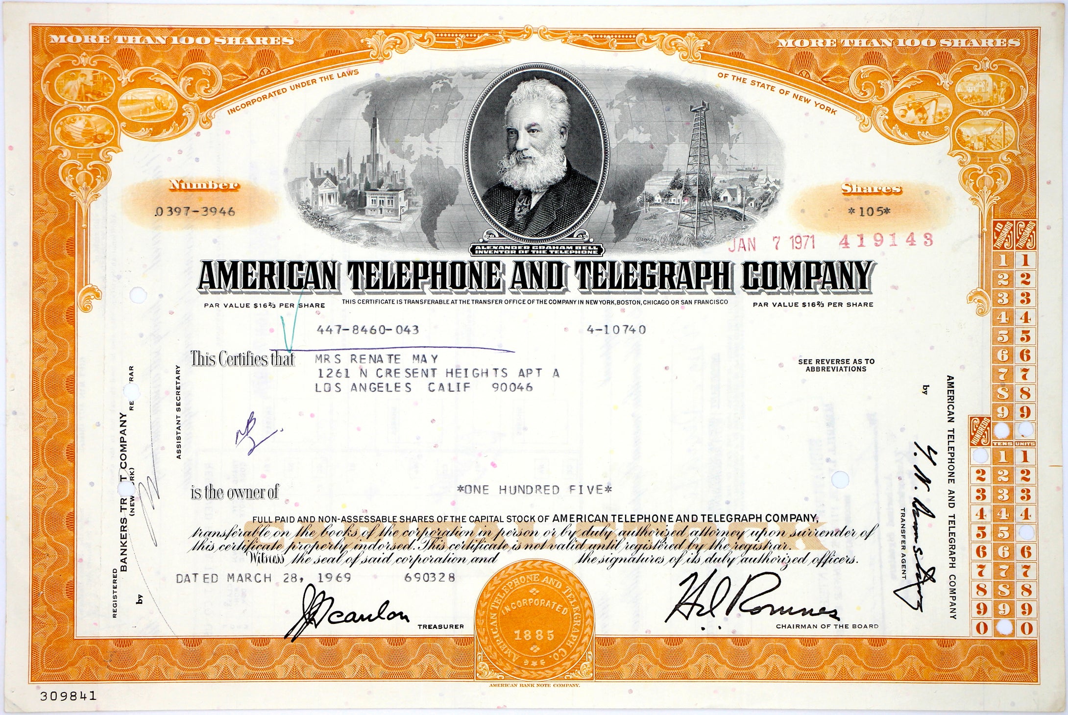 AT&T American Telephone and Telegraph Company Stock Certificate - 1970s - Wall Street Treasures