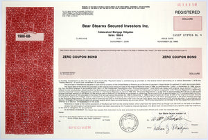 Bear Stearns Secured Investors Inc. Mortgage Obligation Specimen Certificate - 1988 - Wall Street Treasures