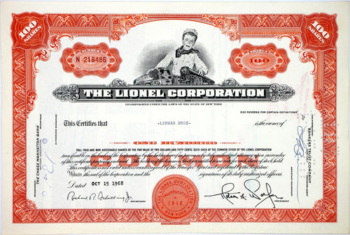 Lionel Corporation Stock Certificate - 1968 - Wall Street Treasures