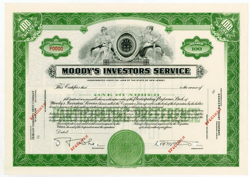 Moody's Investors Service Specimen Stock Certificate - 1940s - Wall Street Treasures