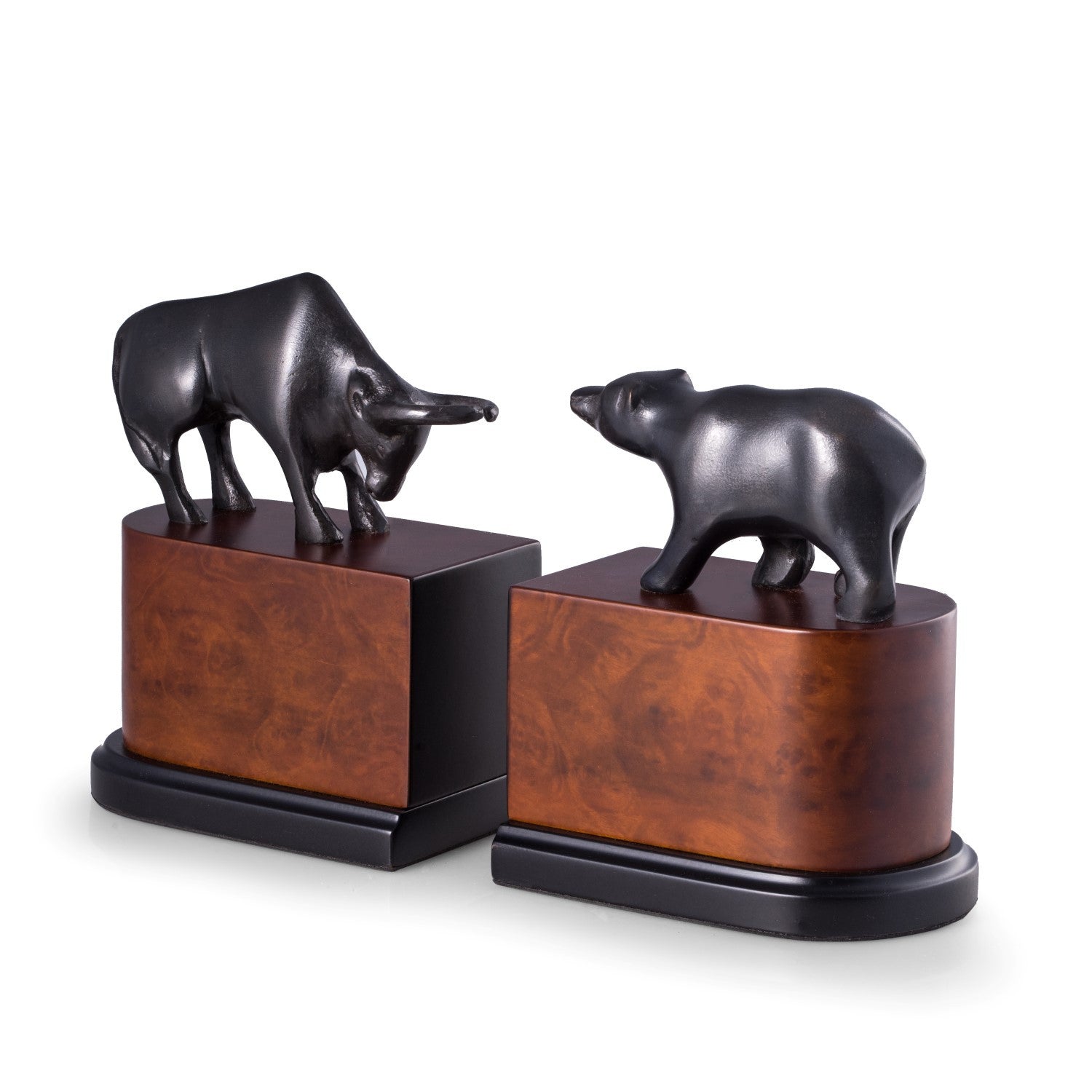 Bull and Bear Bookends -  Bronzed Brass on Burlwood - Wall Street Treasures