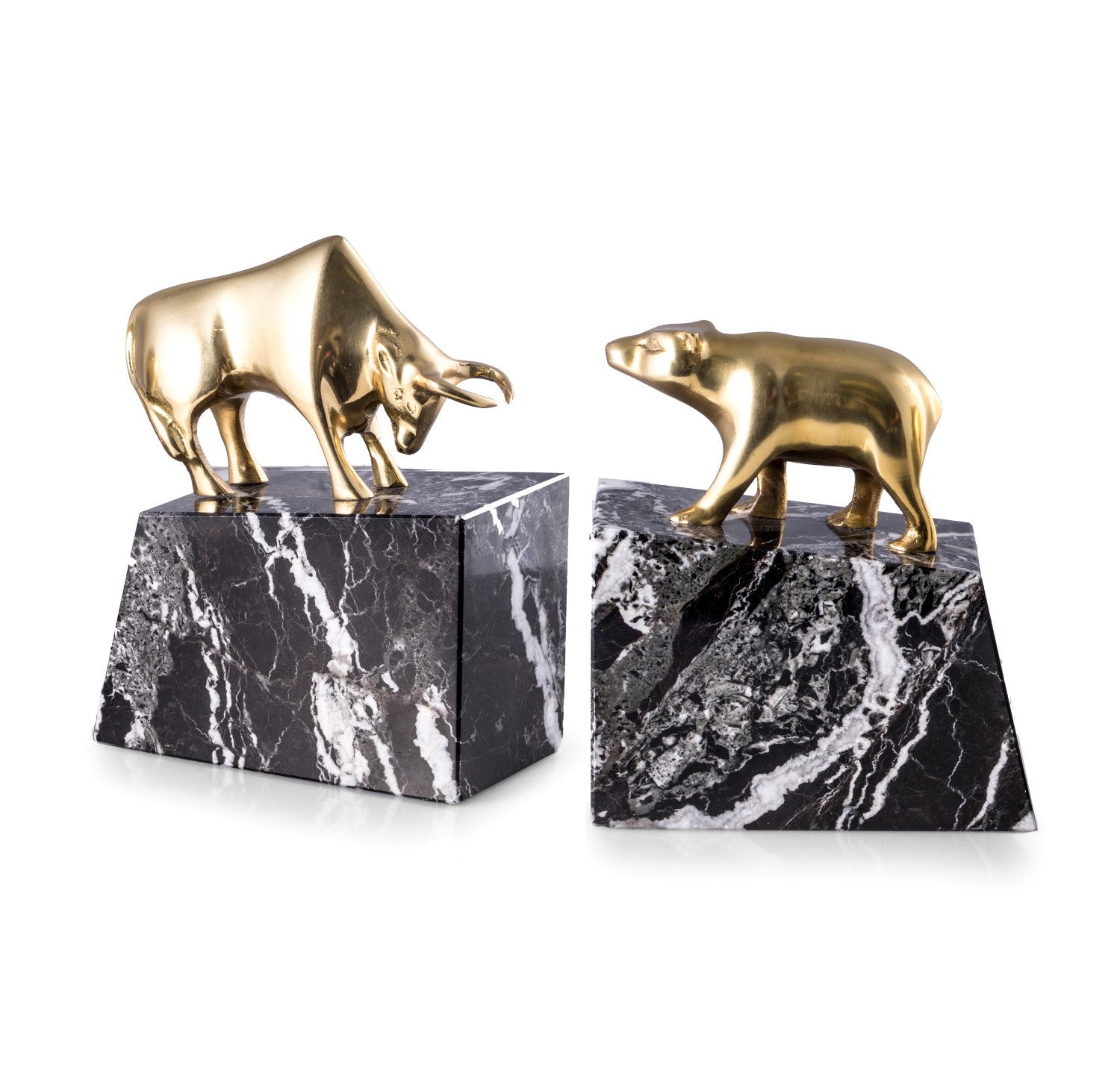 Bull and Bear Bookends - Brass on Black Marble - Wall Street Treasures