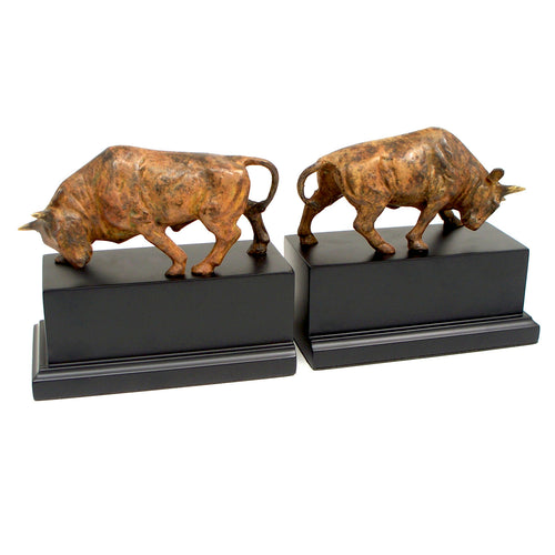 Double Bull Bookends -  Marbleized Brass on Wood Base - Wall Street Treasures