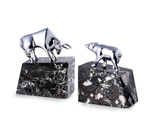 Bull and Bear Bookends - Chrome Plated on Black Marble - Wall Street Treasures